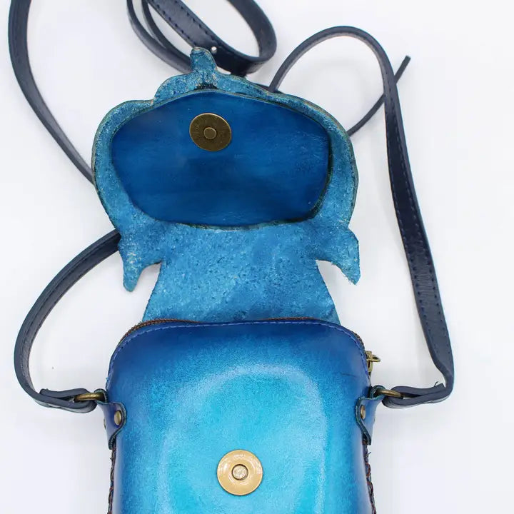 Leather Fox Pouch Purse Handbag Crossbody Bag Blue