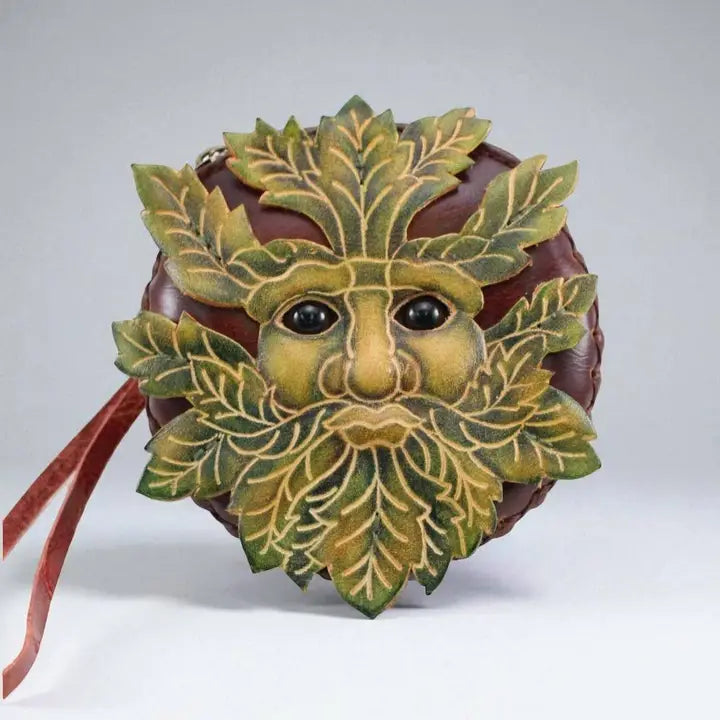 Handmade Genuine Leather Green Man Face Coin Purse Wristlet, Pagan