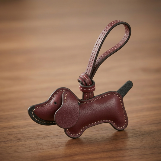 Handmade Dark Red Leather Dachshund Bag Charm | Genuine Goatskin Dog Keychain Pendant.