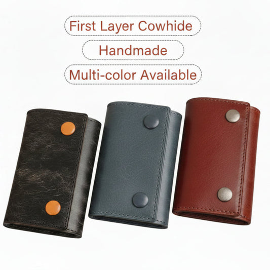Handmade First Layer Cowhide Leather Key Wallet - Vintage Double Button Key Case.