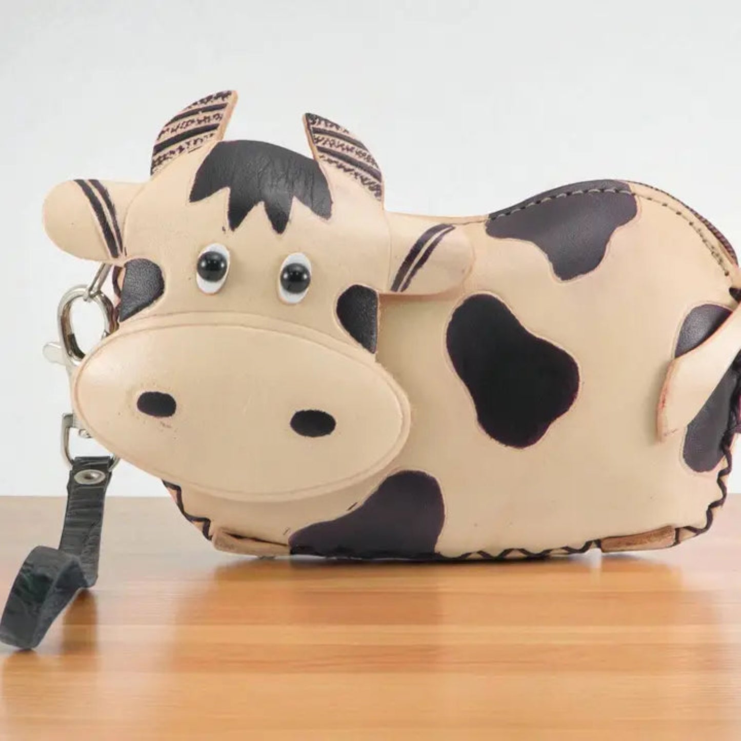Handmade Genuine Leather 3D Cow Coin Purse Wristlet, Black and Beige 3
