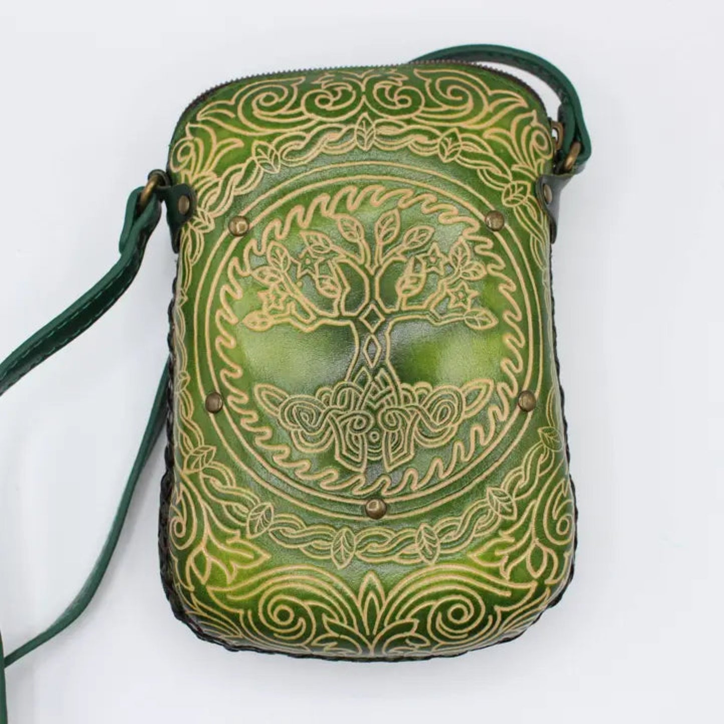 Handmade Genuine Leather Celtic Tree of Life Crossbody Bag, Green 2