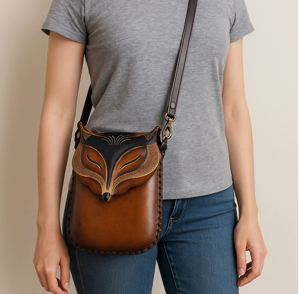 Handmade Genuine Leather Fox Face Crossbody Phone Bag, Brown Tan 5