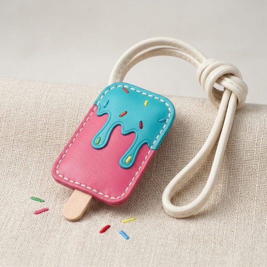 Handmade Leather Ice Pop Keychain | Genuine Goatskin Popsicle Bag Charm for Handbags.