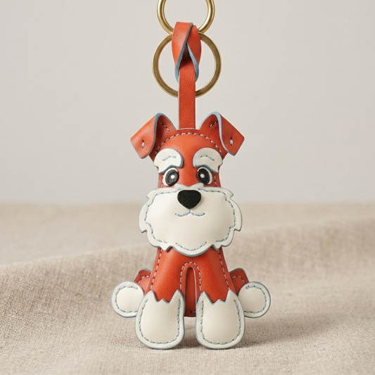 Handmade Orange Schnauzer Dog Bag Charm - Genuine Leather Keychain Purse Pendant.