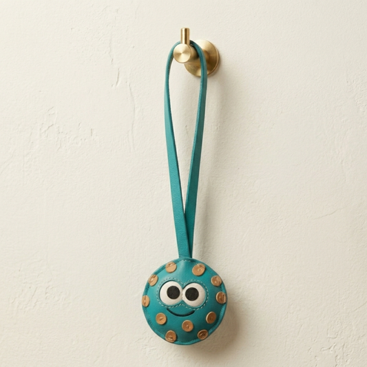 Handmade Teal Leather Cookie Bag Charm – Playful Food Keychain & Handbag Pendant.