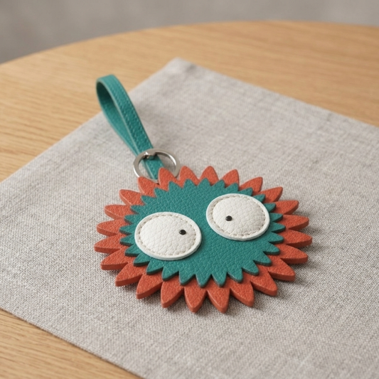 Handmade Teal and Orange Leather Dust Bunny Bag Charm – Anime Spirit Keychain Pendant.