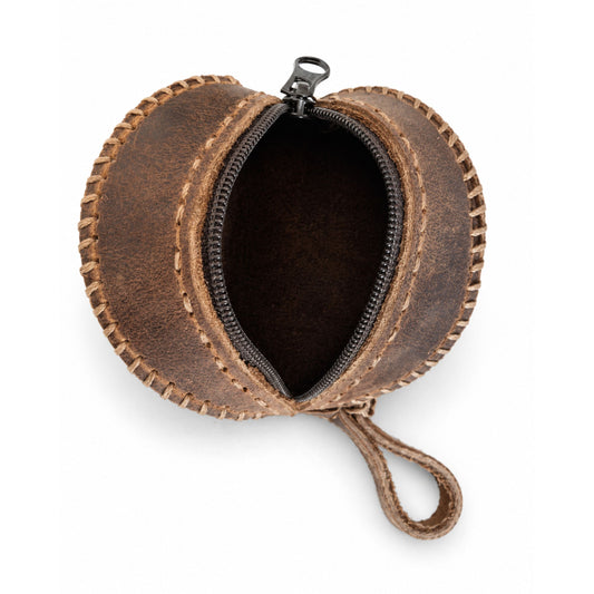 Round Coin Pouch for Adults – Brown Crazy Horse Leather Handmade Zipper – 6 cm