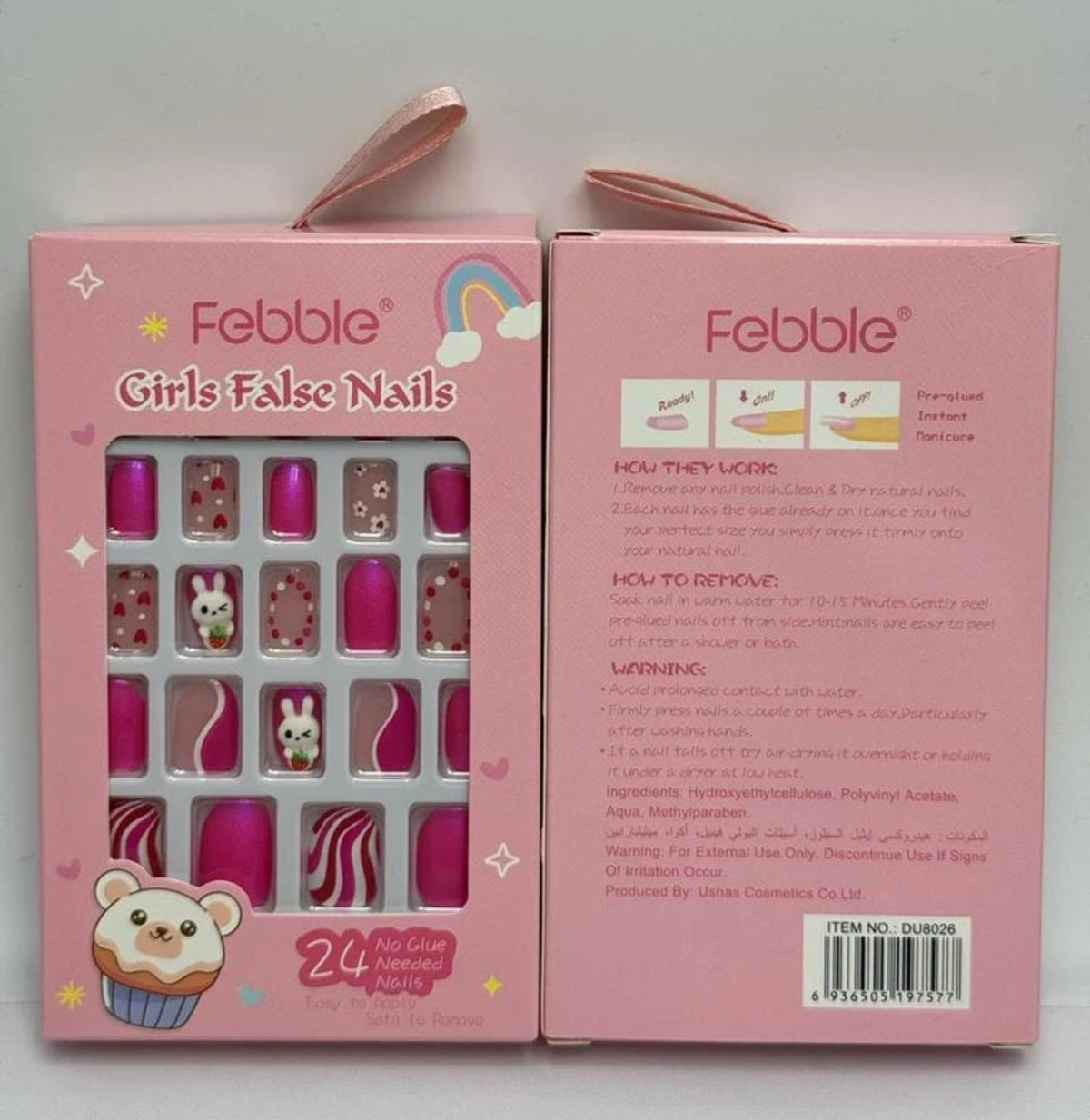 Febble Girls Cute Bunny Pink False Nails – أظافر أرانب وردية للبنات | 24 Pcs Pre-Glued Kids Nail Set