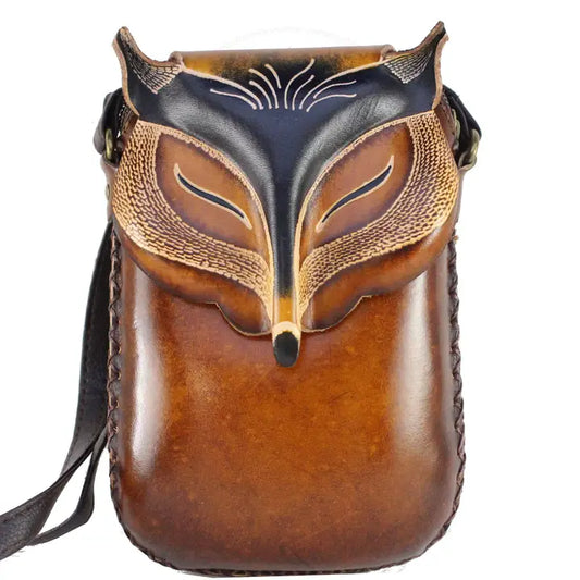 Handmade Leather Brown Fox Pouch Purse Handbag Crossbody