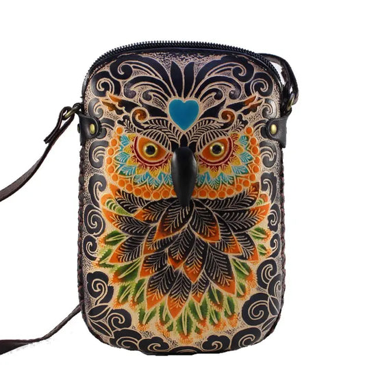 Handmade Leather Black Owl Pouch Purse Handbag Crossbody