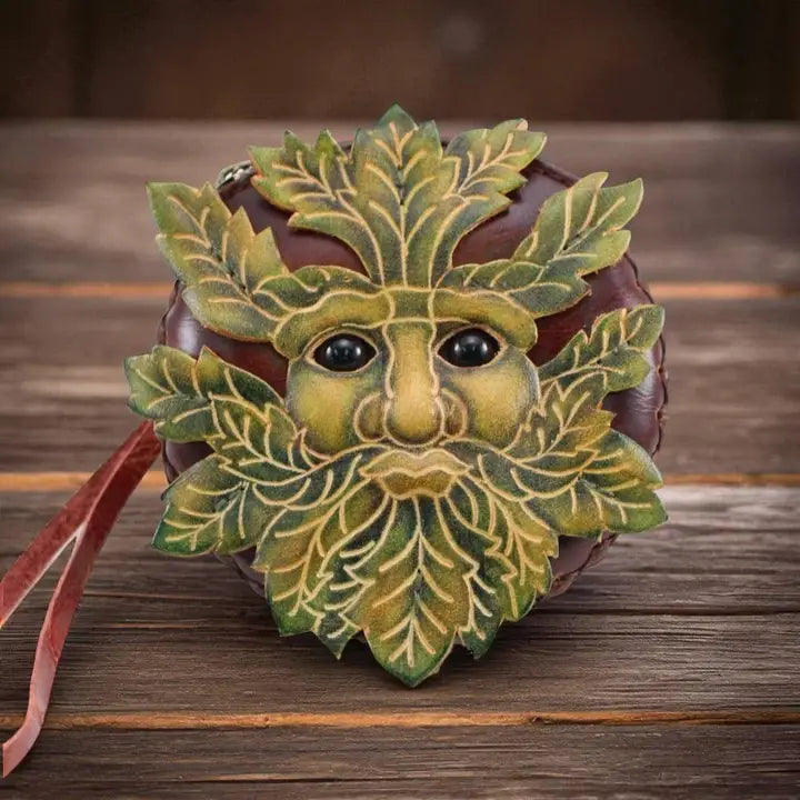 Handmade Genuine Leather Green Man Face Coin Purse Wristlet, Pagan