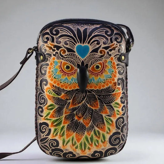 Handmade Leather Black Owl Pouch Purse Handbag Crossbody