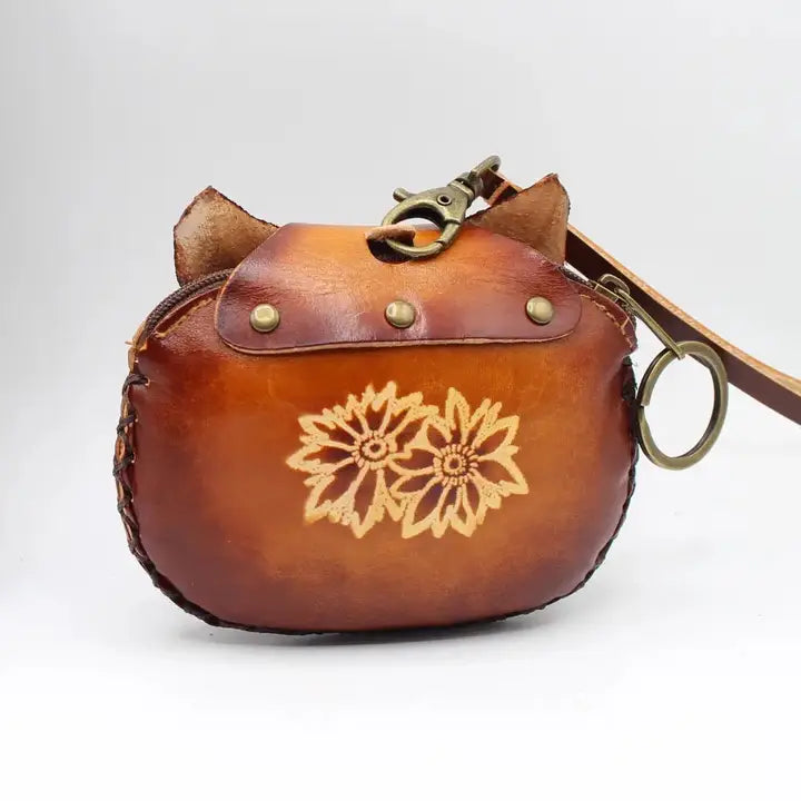 Fox Wristlet - Leather Coin Purse Brown or Orange