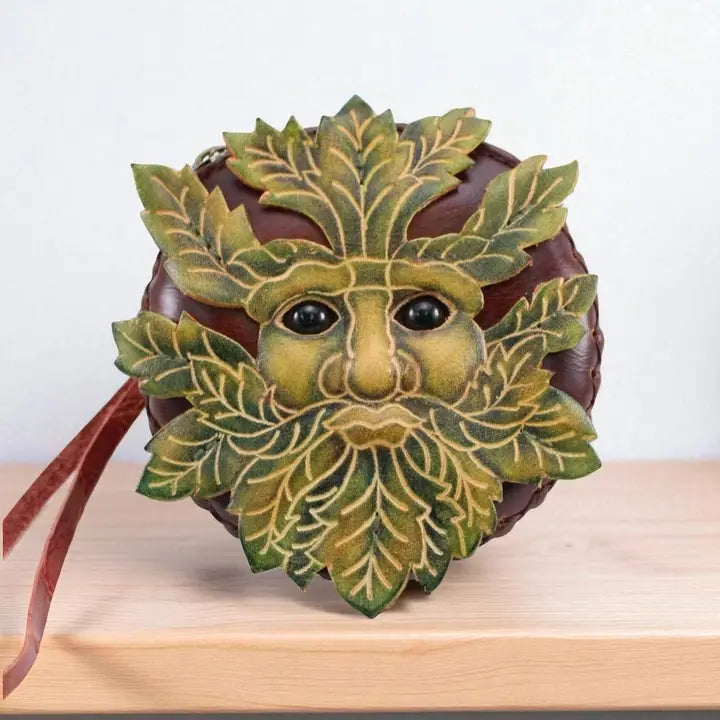 Handmade Genuine Leather Green Man Face Coin Purse Wristlet, Pagan