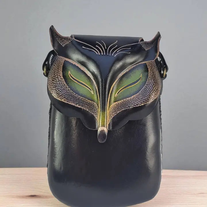 Handmade Leather Black Fox Pouch Purse Cross Body
