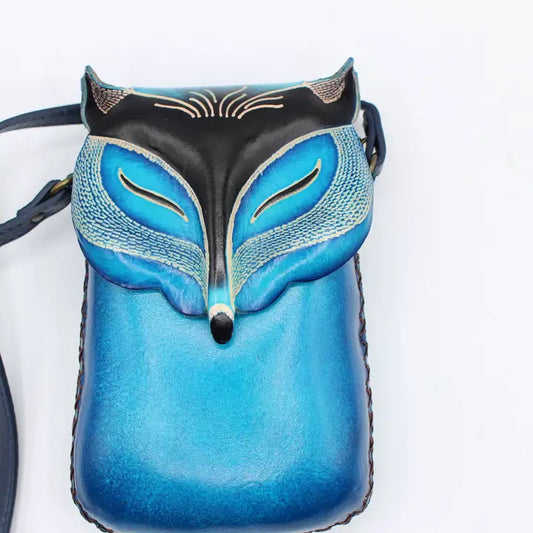 Leather Fox Pouch Purse Handbag Crossbody Bag Blue
