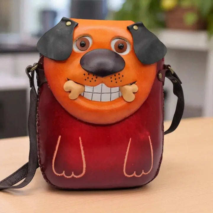 Handmade Leather Dog with Bone Purse Crossbody