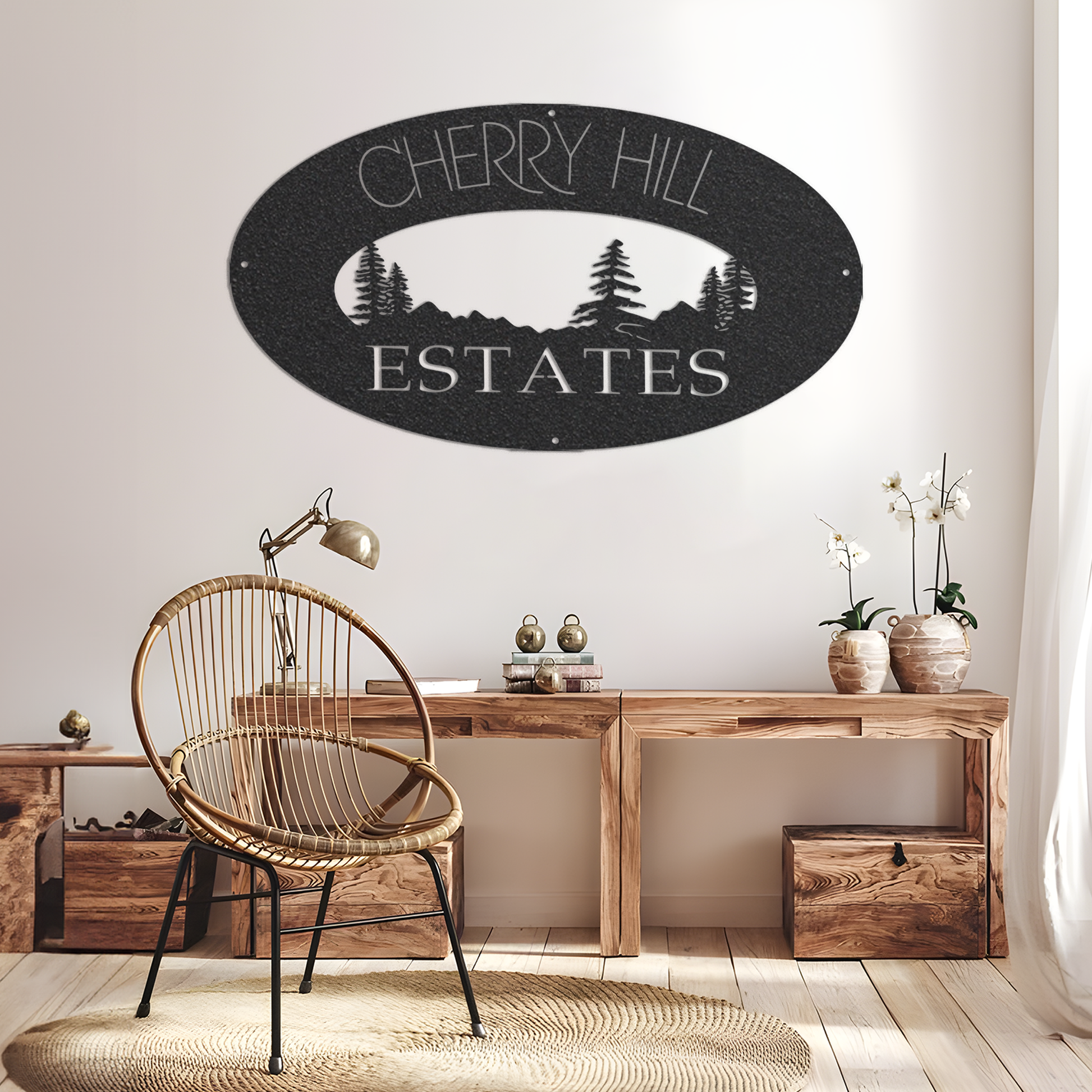 Metal MOUNTAIN EVERGREEN Sign, laser cut EVERGREENs MOUNTAIN sign, customized with your name