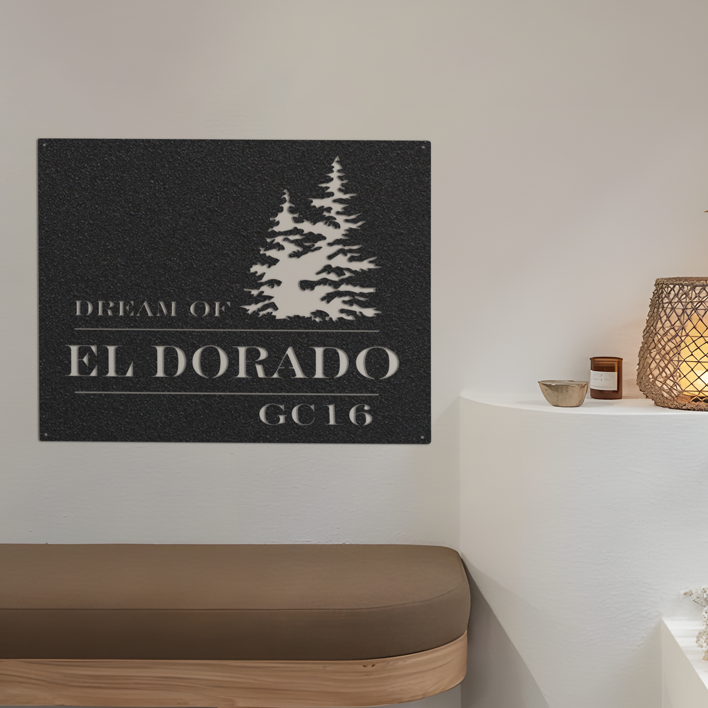 Metal address sign with evergreens, address sign with tree