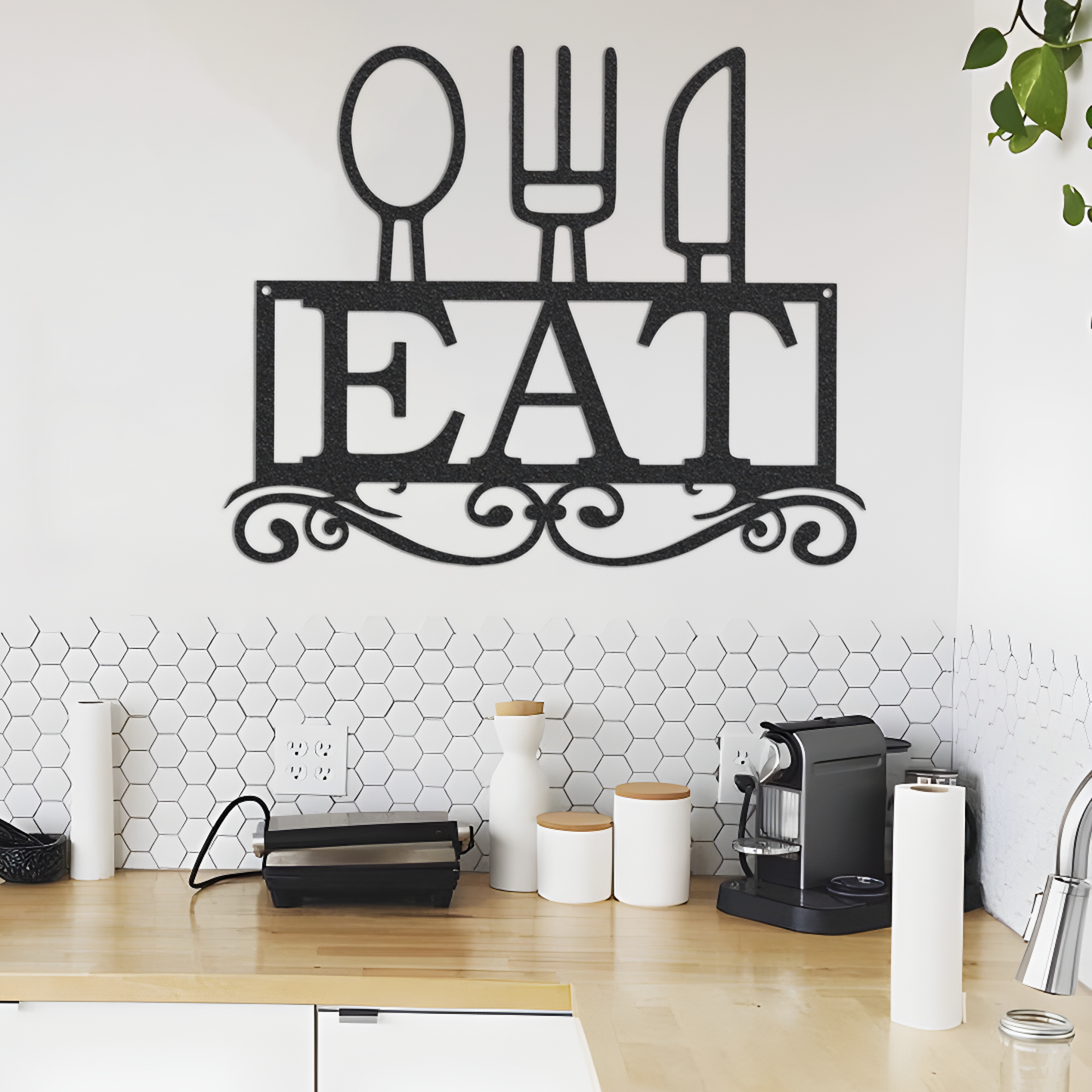 Kitchen Sign Wall Decor Rustic Metal Art, Eat Metal Sign Fork Spoon Knife Sign, Rustic Farmhouse Kitchen Wall Art Home, Statement Kitchen