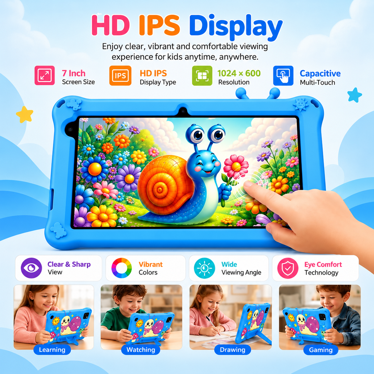 Modio Kids Tablet M750 – تابلت أطفال محمول | 7-Inch SIM-Enabled Tablet with Silicone Case & Dual Camera