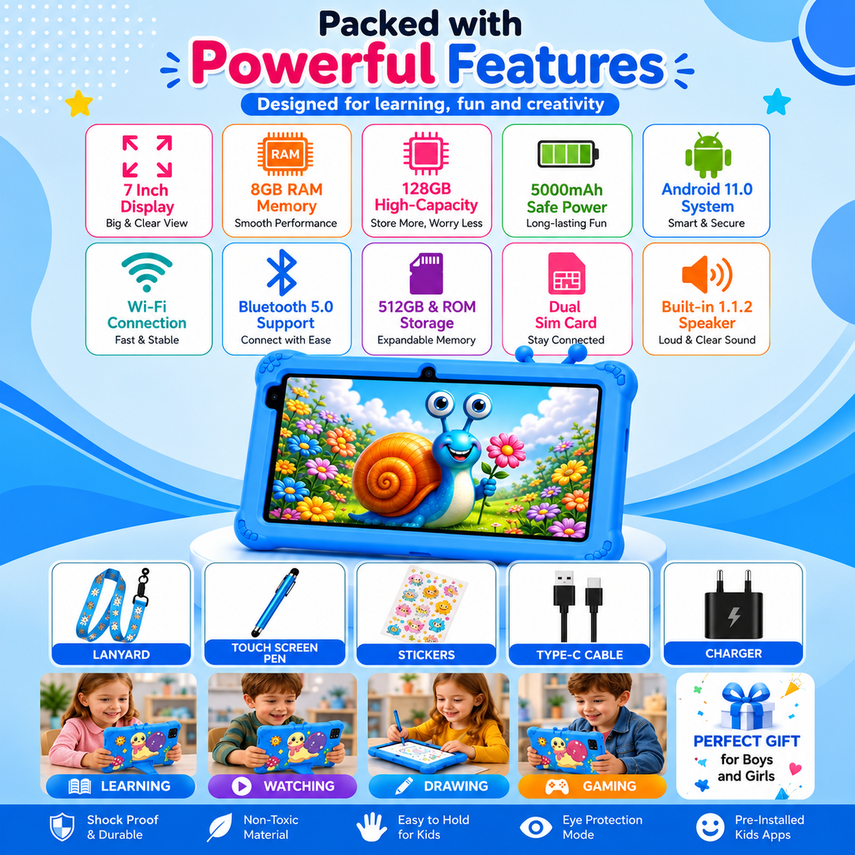 Modio Kids Tablet M750 – تابلت أطفال محمول | 7-Inch SIM-Enabled Tablet with Silicone Case & Dual Camera
