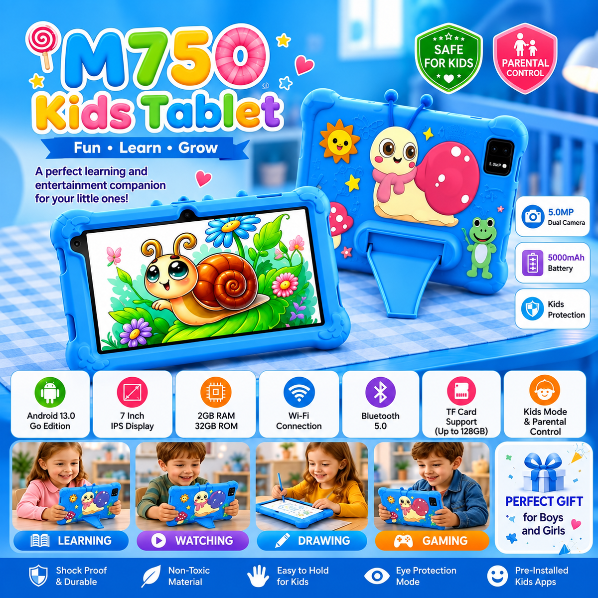 Modio Kids Tablet M750 – تابلت أطفال محمول | 7-Inch SIM-Enabled Tablet with Silicone Case & Dual Camera