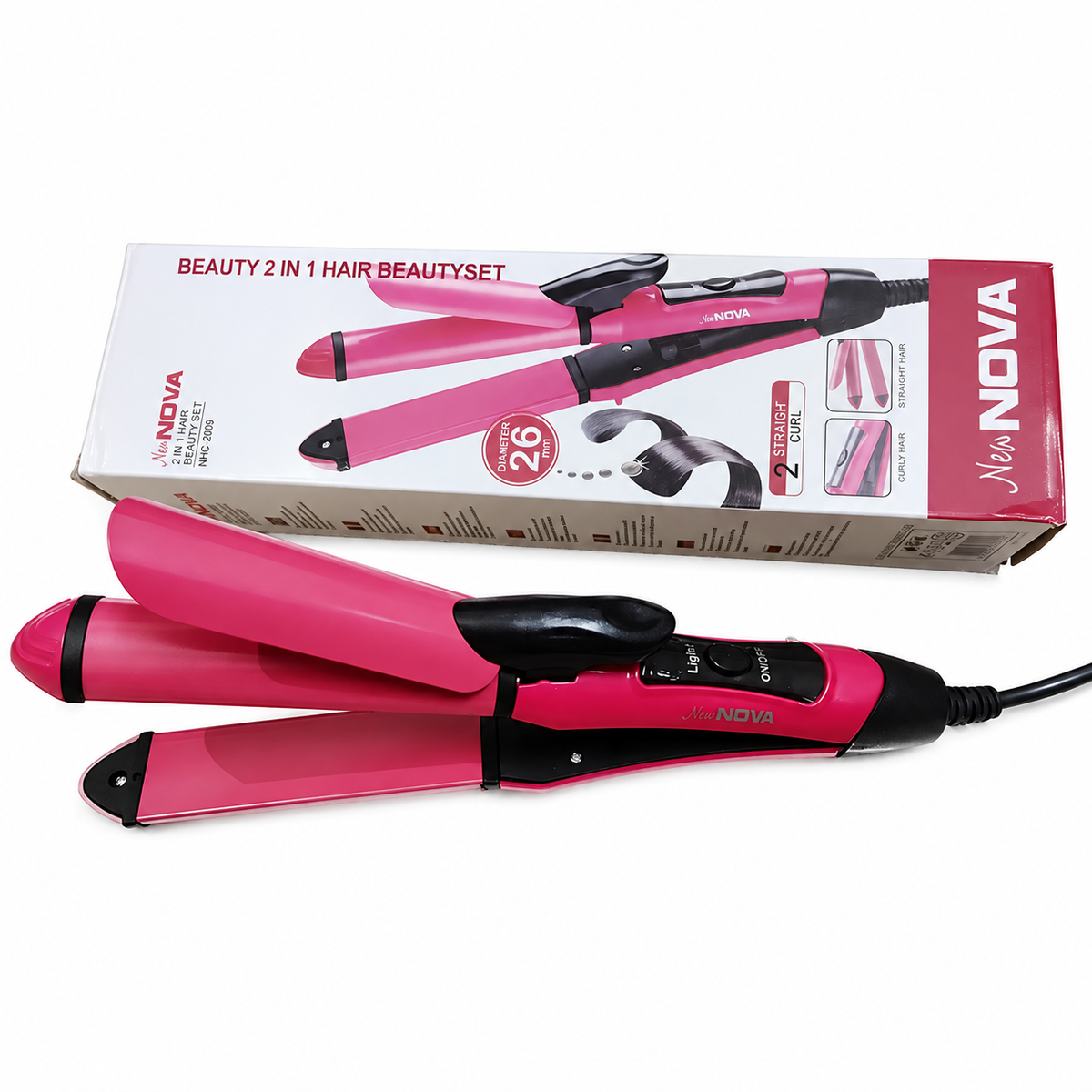 Nova 2-in-1 Hair Curler – مكواة شعر متعددة الاستخدام 2 في 1 | Nano Ceramic Straightener & Curler, Model NHC-2009
