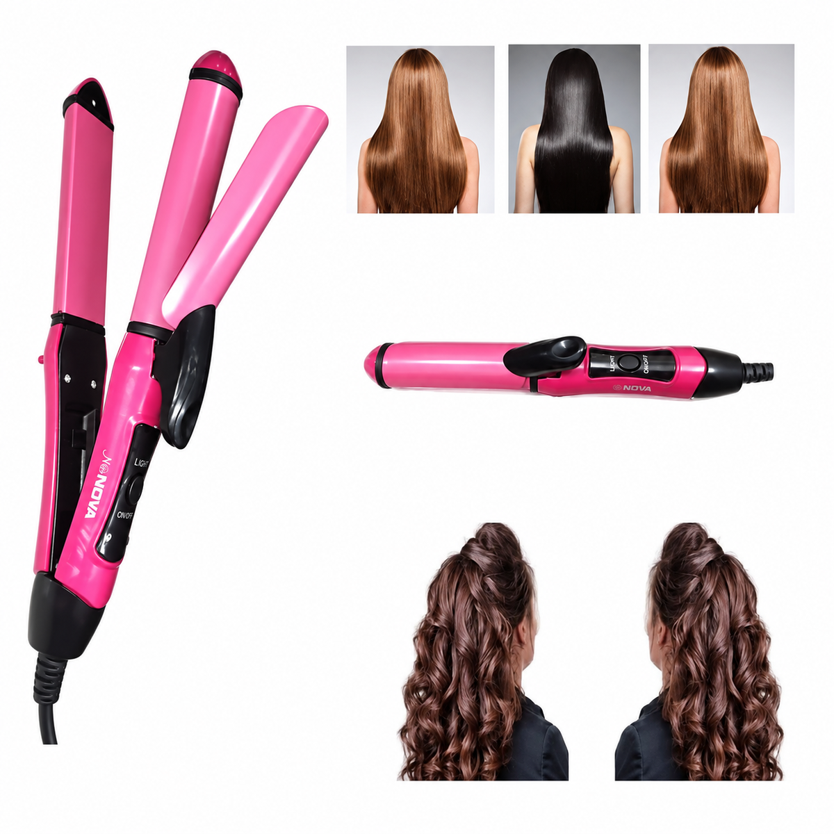 Nova 2-in-1 Hair Curler – مكواة شعر متعددة الاستخدام 2 في 1 | Nano Ceramic Straightener & Curler, Model NHC-2009