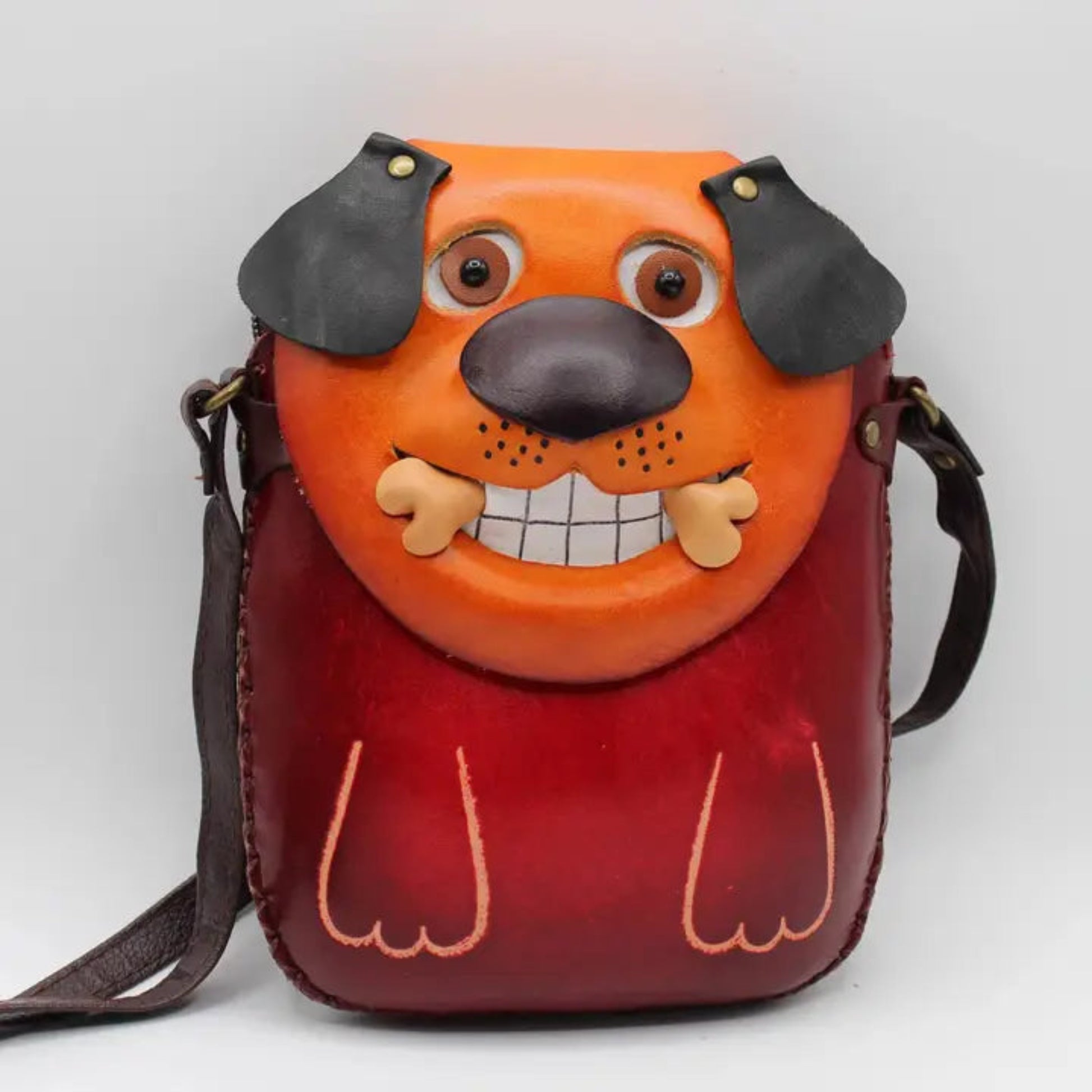 Handmade Genuine Leather 3D Dog Face Crossbody Bag, Novelty Purse