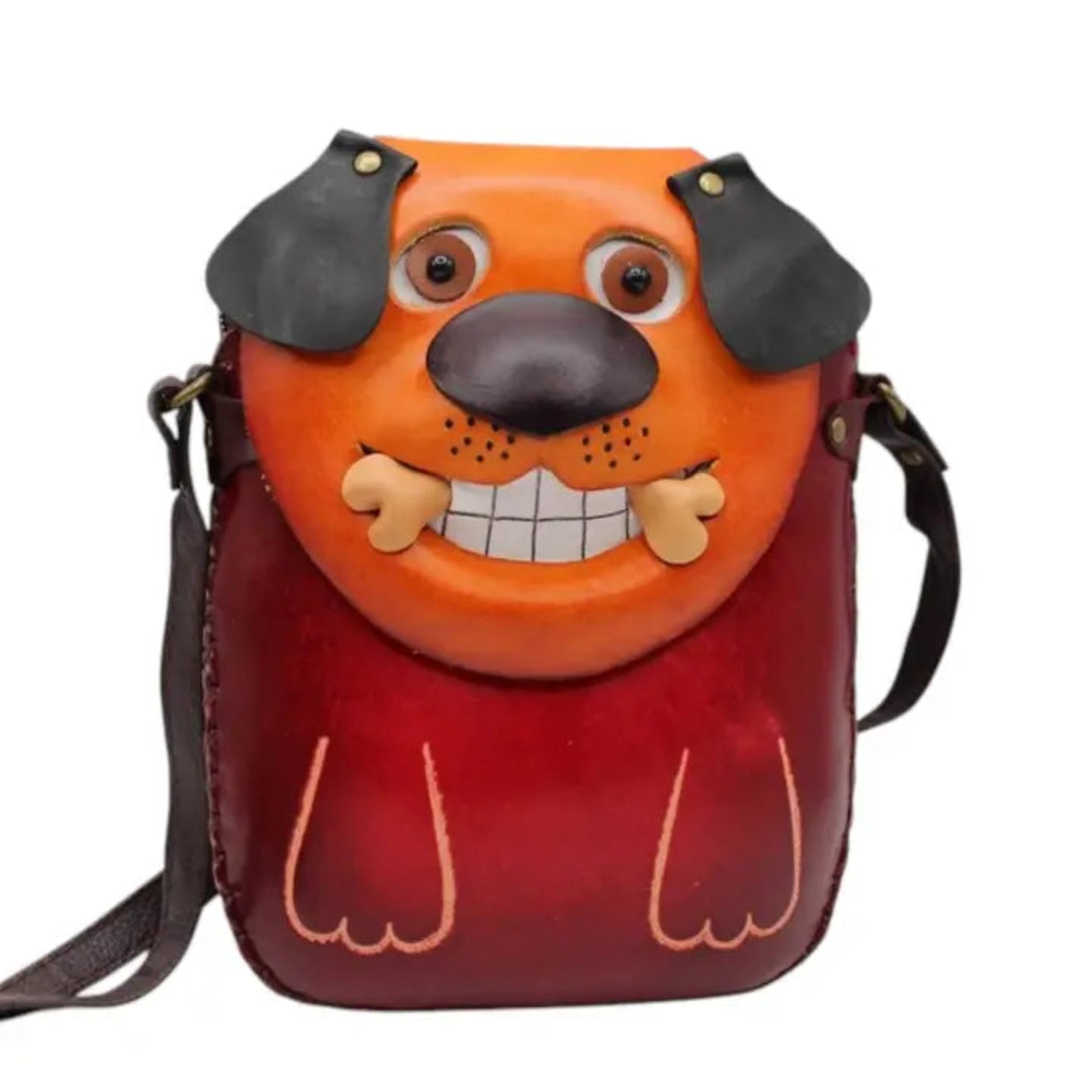 Handmade Genuine Leather 3D Dog Face Crossbody Bag, Novelty Purse 3