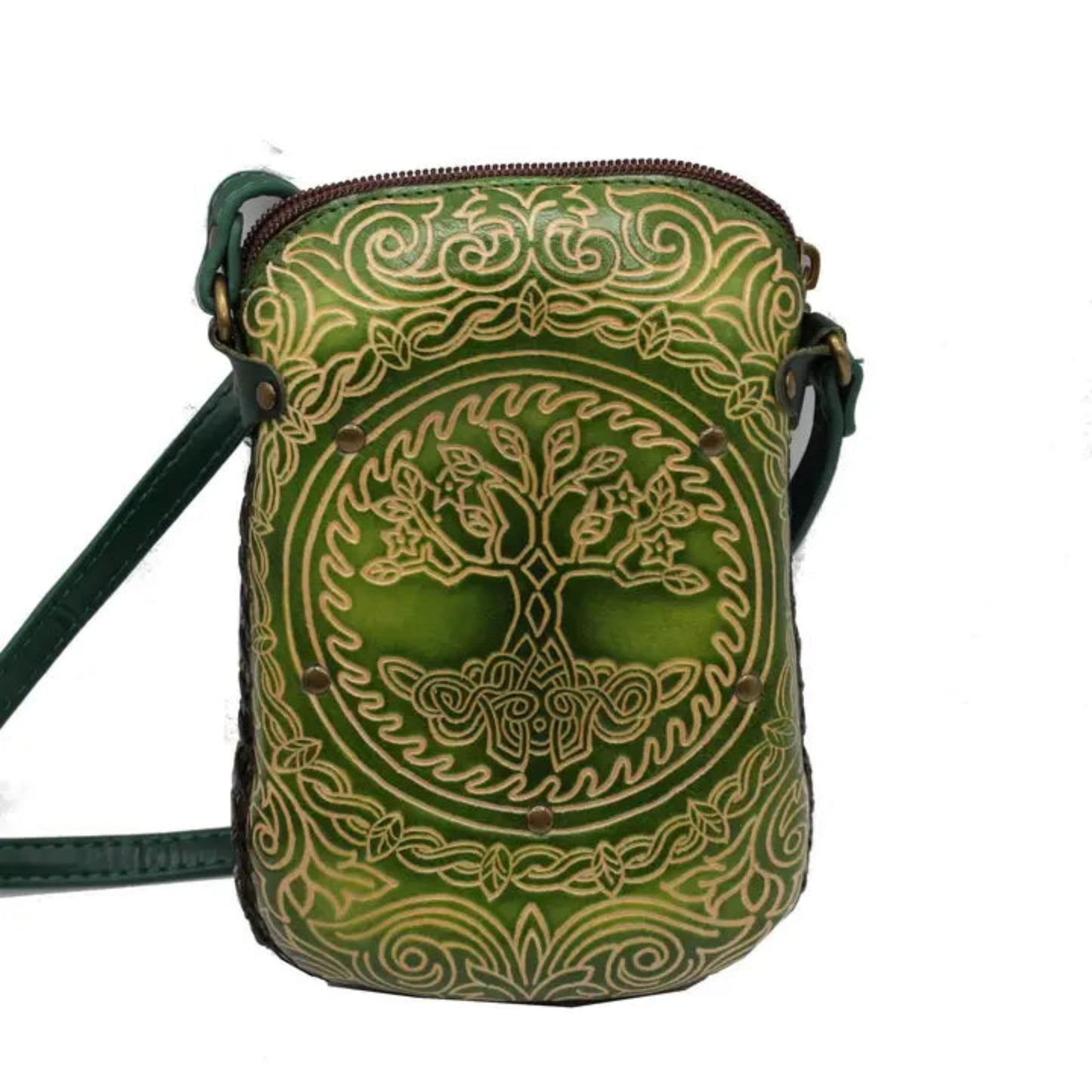 Handmade Genuine Leather Celtic Tree of Life Crossbody Bag, Green