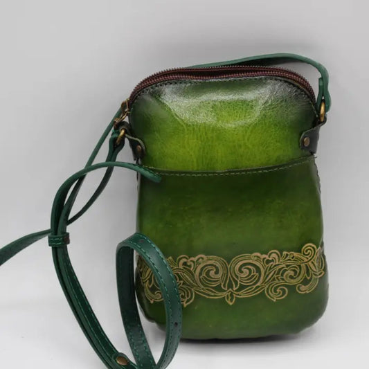 Handmade Genuine Leather Celtic Tree of Life Crossbody Bag, Green 1
