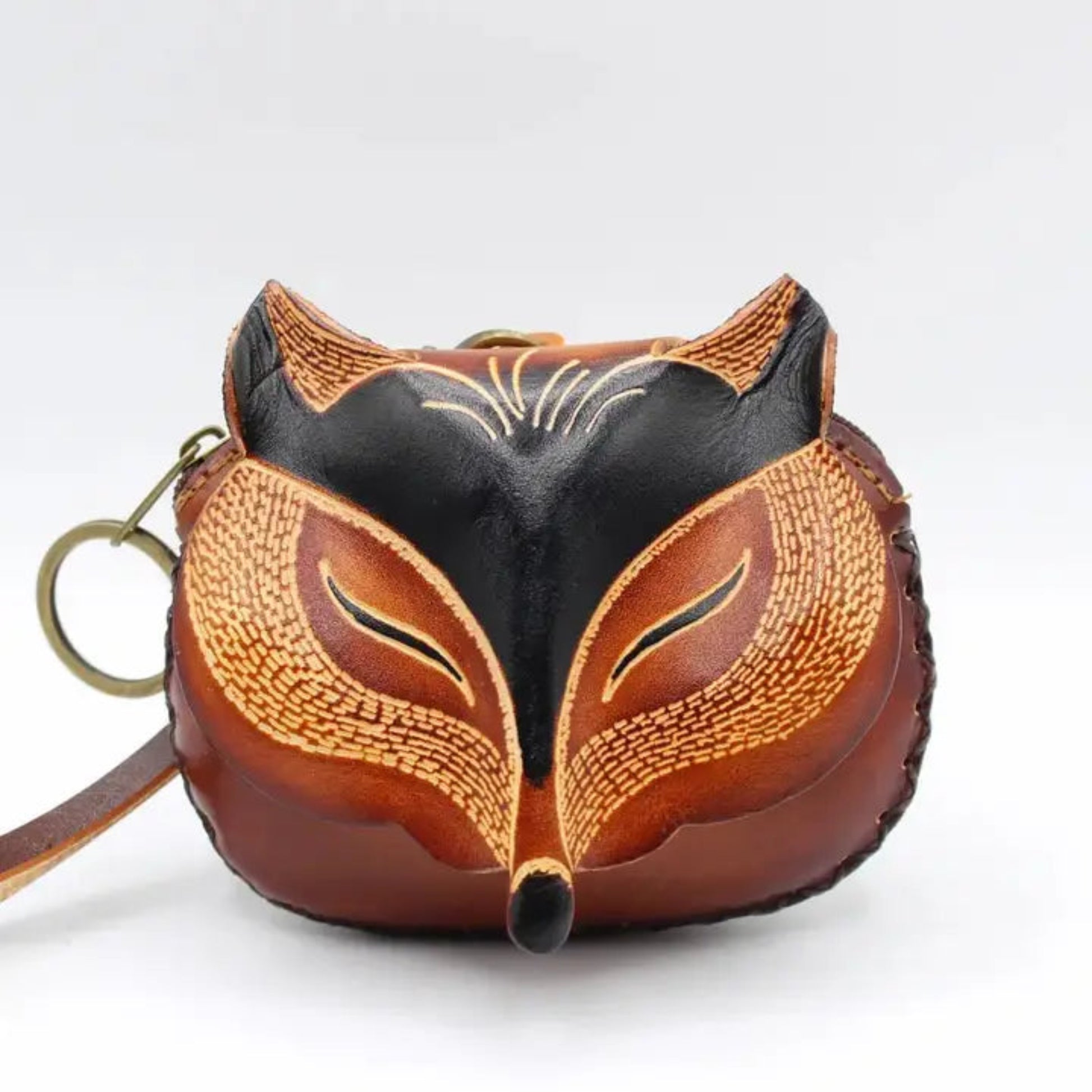Handmade Genuine Leather Fox Face Coin Purse Wristlet with Keyring