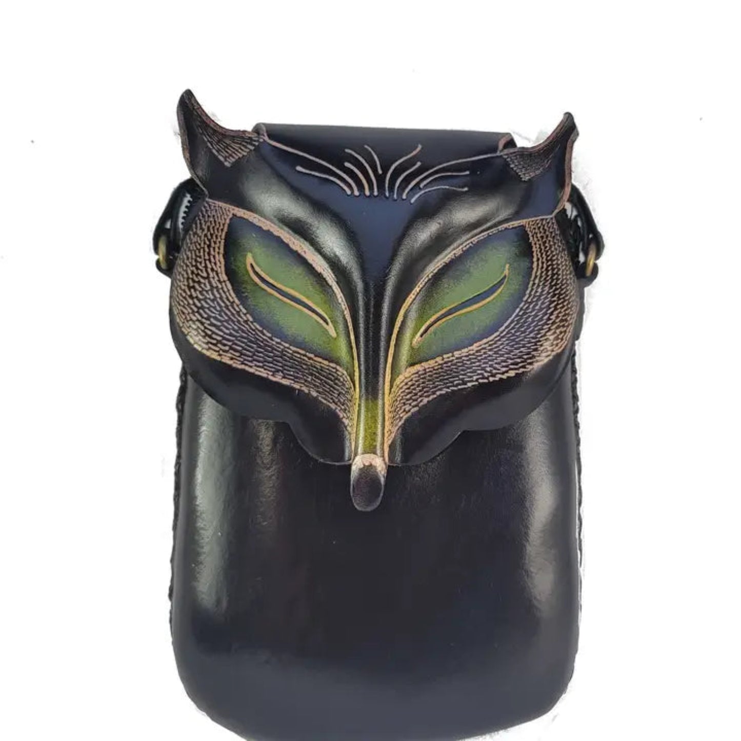 Handmade Genuine Leather Fox Face Crossbody Phone Bag, Black Green