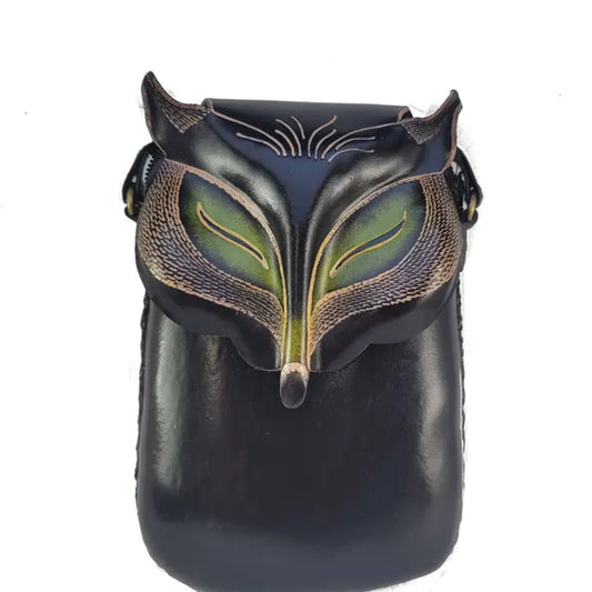 Handmade Genuine Leather Fox Face Crossbody Phone Bag, Black Green