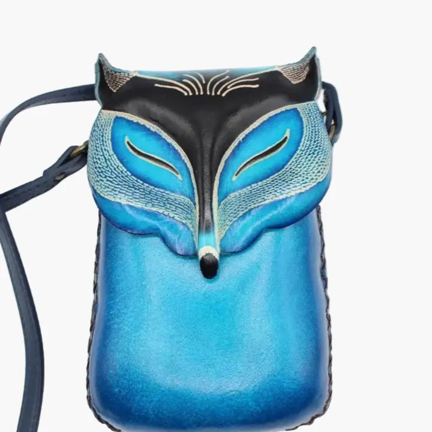 Handmade Genuine Leather Fox Face Crossbody Phone Bag, Blue Black