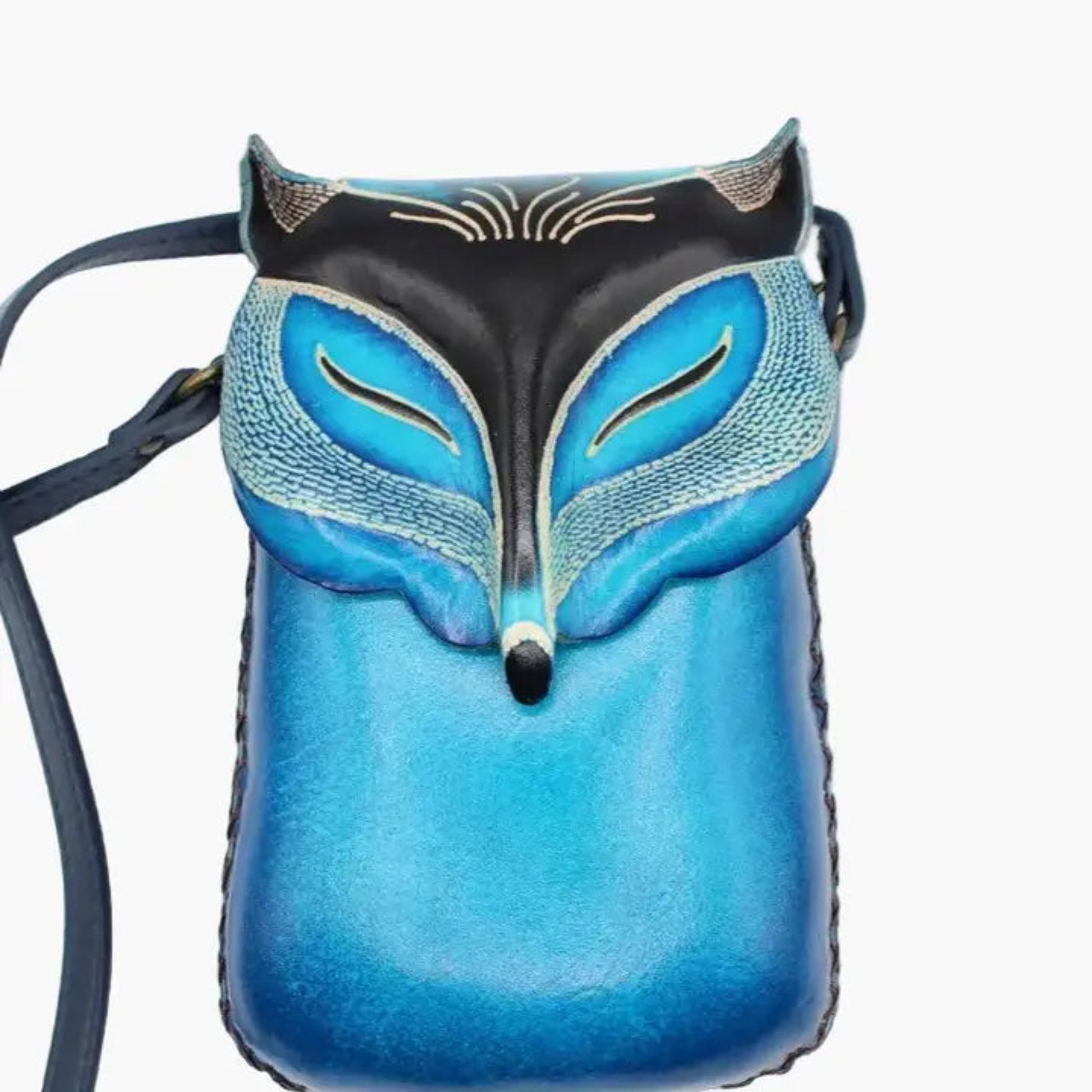 Handmade Genuine Leather Fox Face Crossbody Phone Bag, Blue Black