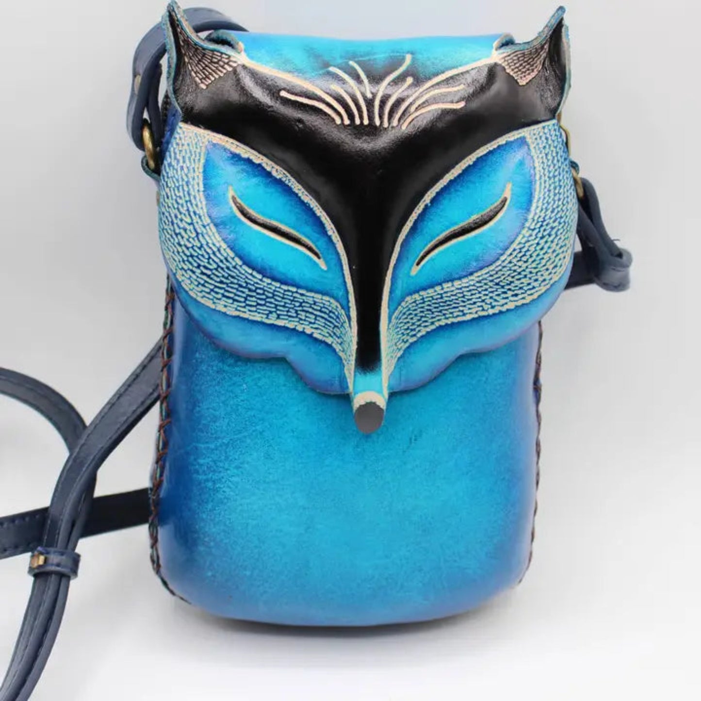 Handmade Genuine Leather Fox Face Crossbody Phone Bag, Blue Black 4