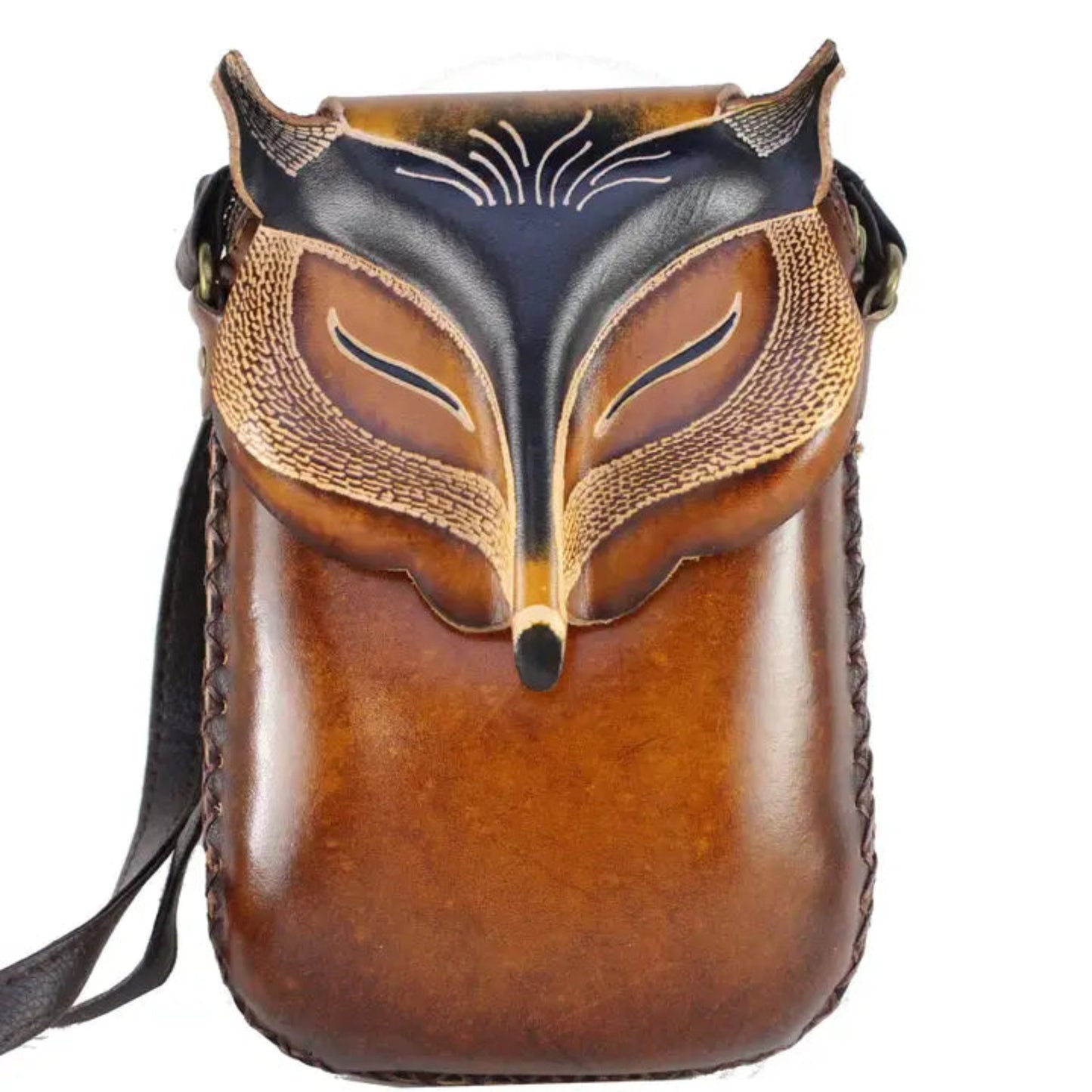 Handmade Genuine Leather Fox Face Crossbody Phone Bag, Brown Tan