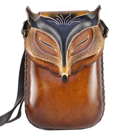 Handmade Genuine Leather Fox Face Crossbody Phone Bag, Brown Tan