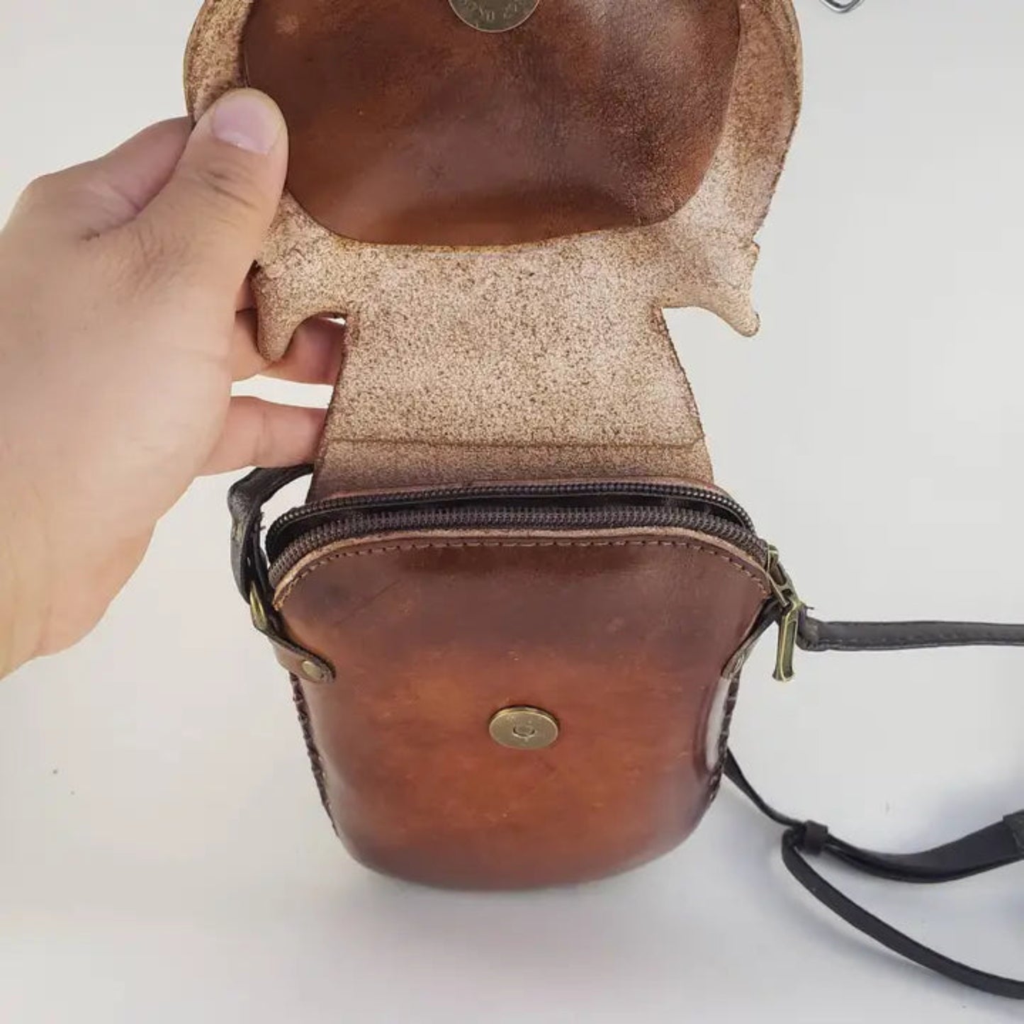 Handmade Genuine Leather Fox Face Crossbody Phone Bag, Brown Tan 3