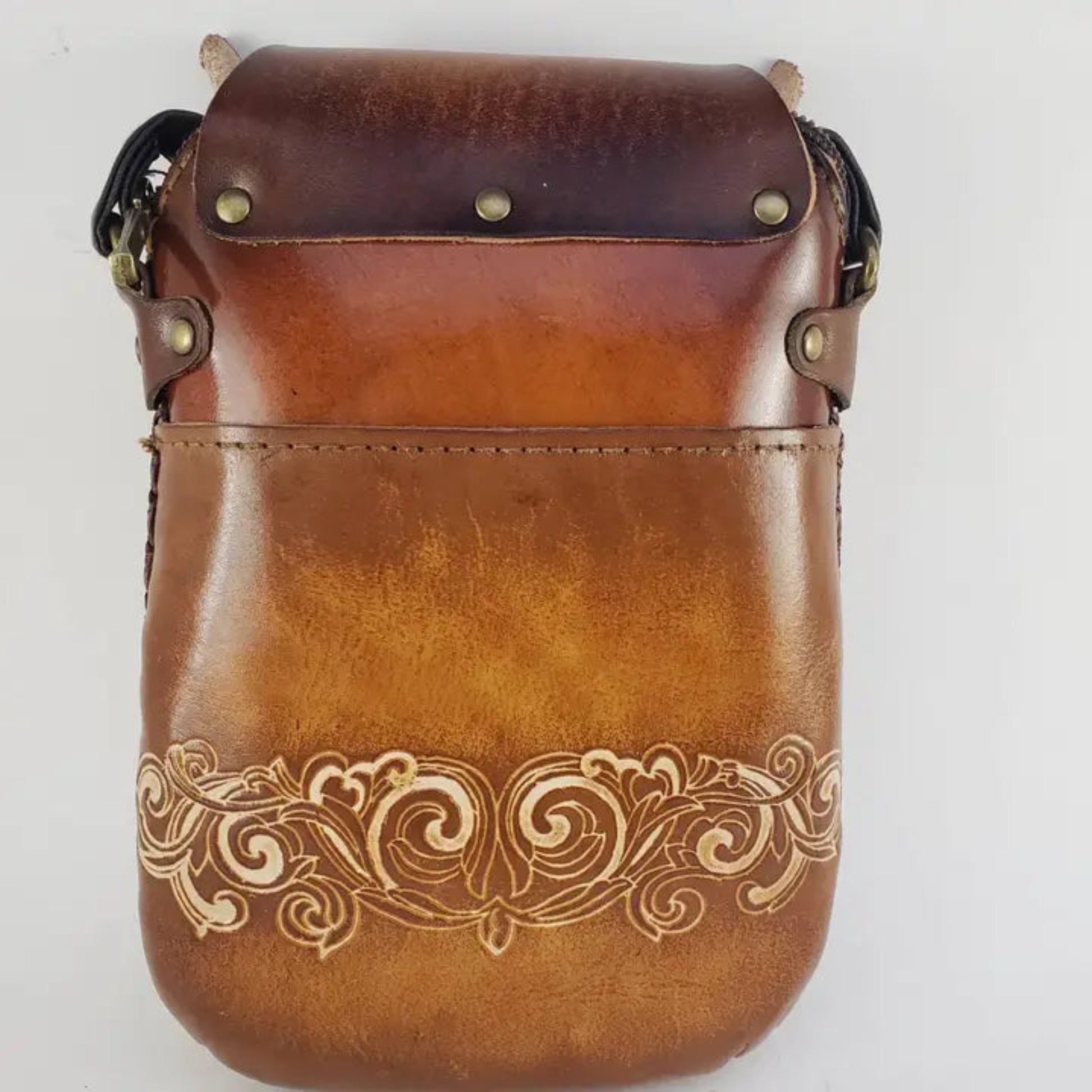Handmade Genuine Leather Fox Face Crossbody Phone Bag, Brown Tan 4