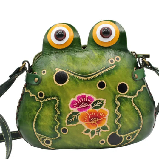 Handmade Genuine Leather Frog Crossbody Bag, Green Novelty Purse