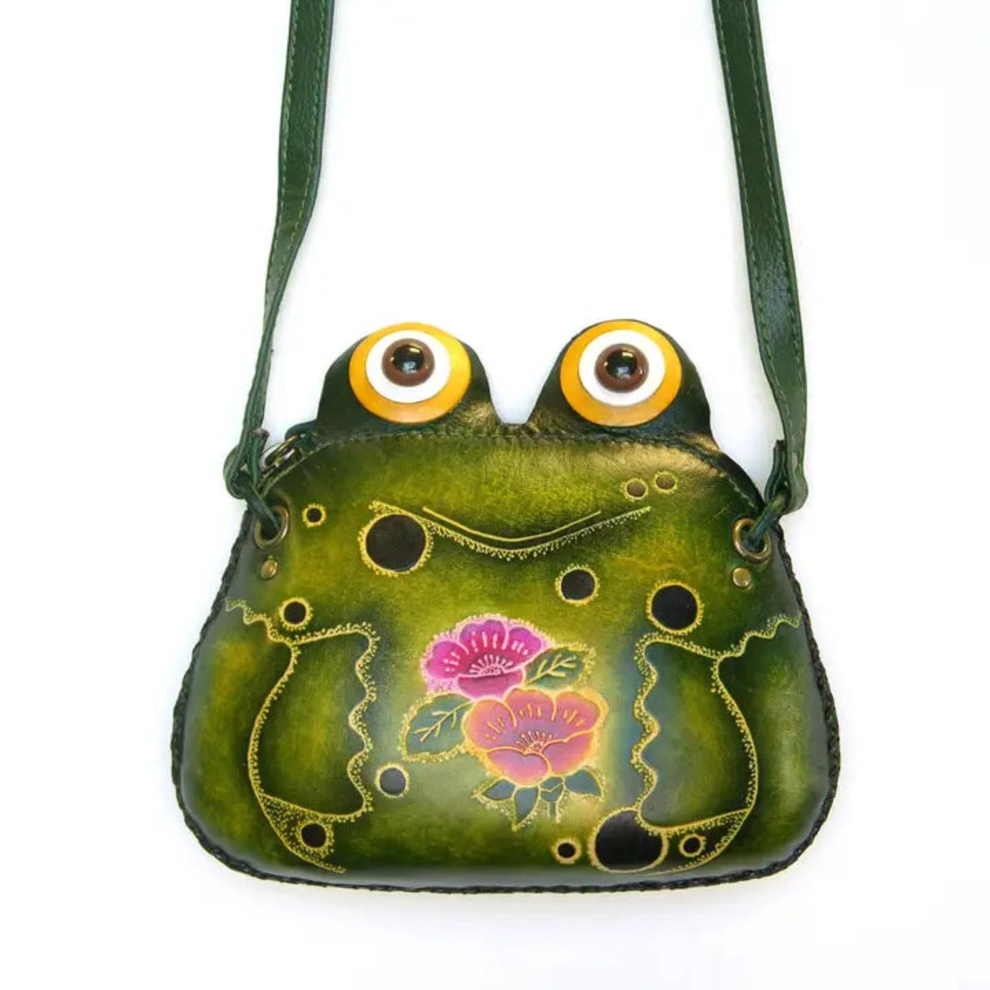 Handmade Genuine Leather Frog Crossbody Bag, Green Novelty Purse 1