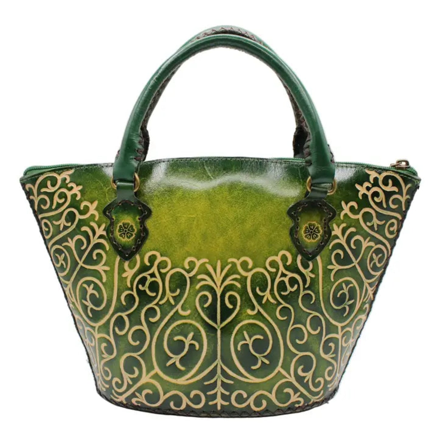 Handmade Genuine Leather Green Floral Hand-Tooled Top Handle Handbag