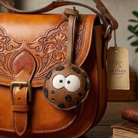 Handmade Leather Cookie Bag Charm – Food Keychain Pendant