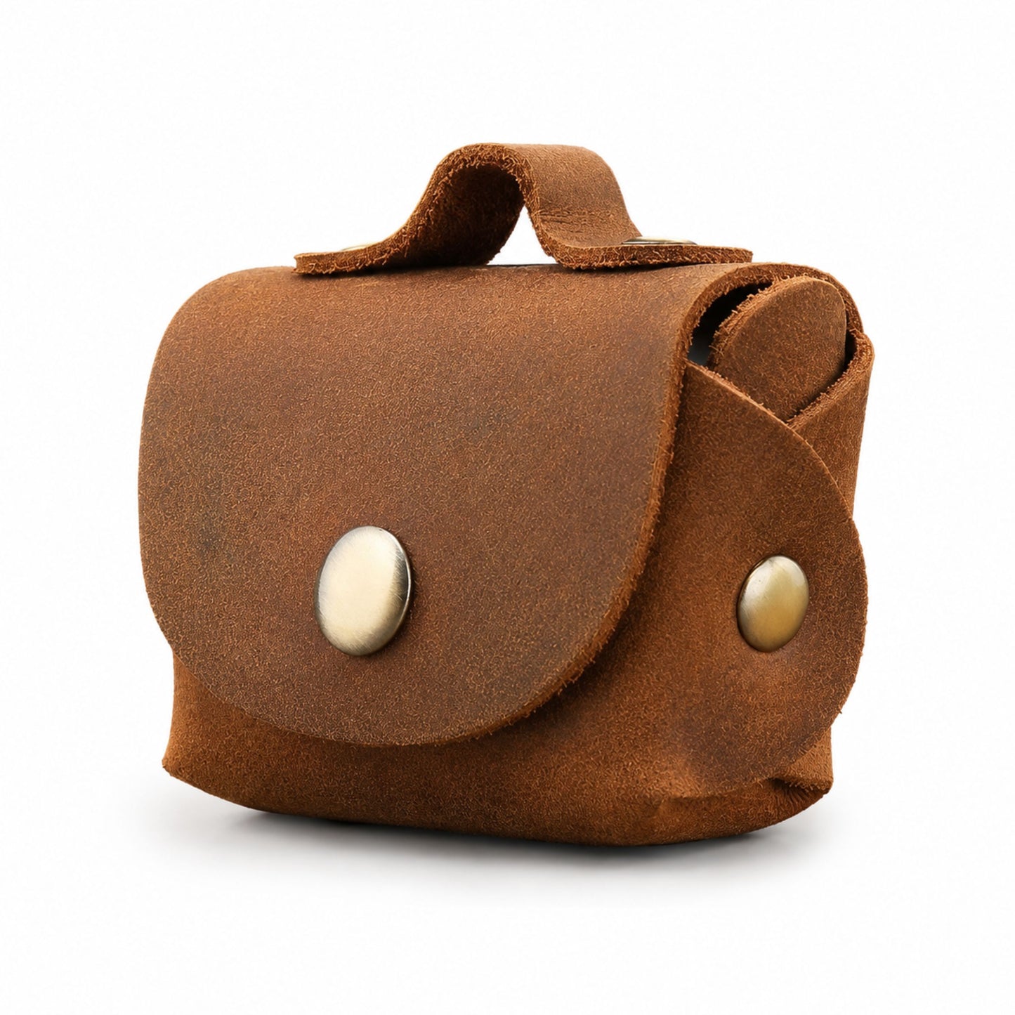 Leather Earbud Case for Adults – Brown Handmade Snap Coin Pouch – 8 cm