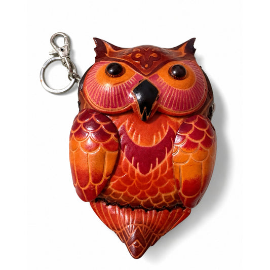 Owl Coin Purse for Adults – Orange Leather Handmade Carved Pouch – 17.5 cm